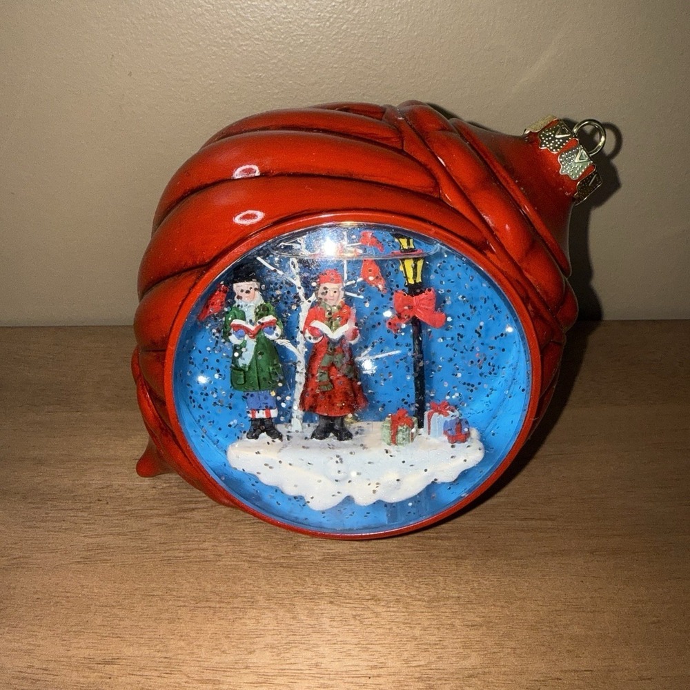 Red Oversized Christmas Ornament Snow Globe Carolers Scene Tabletop Decor 5.5in